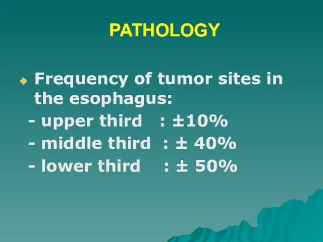 PATHOLOGY Frequency of tumor sites in the esophagus: - upper third