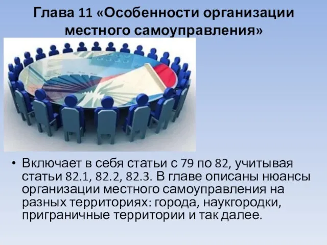 Глава 11 «Особенности организации местного самоуправления» Включает в себя статьи с