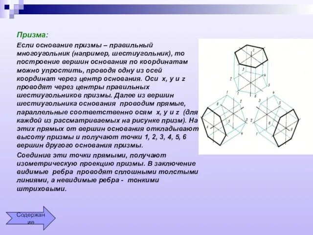 Призма: Если основание призмы – правильный многоугольник (например, шестиугольник), то построение