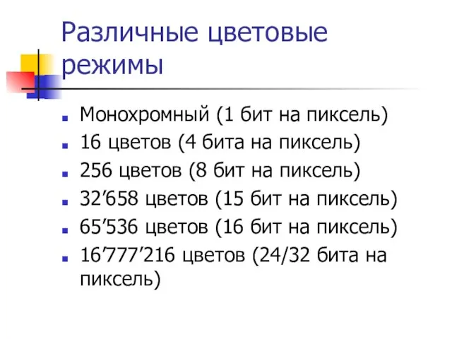 Различные цветовые режимы Монохромный (1 бит на пиксель) 16 цветов (4