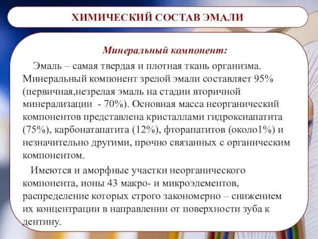 ХИМИЧЕСКИЙ СОСТАВ ЭМАЛИ Минеральный компонент: Эмаль – самая твердая и плотная