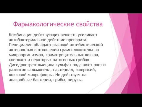 Фармакологические свойства Комбинация действующих веществ усиливает антибактериальное действие препарата. Пенициллин обладает