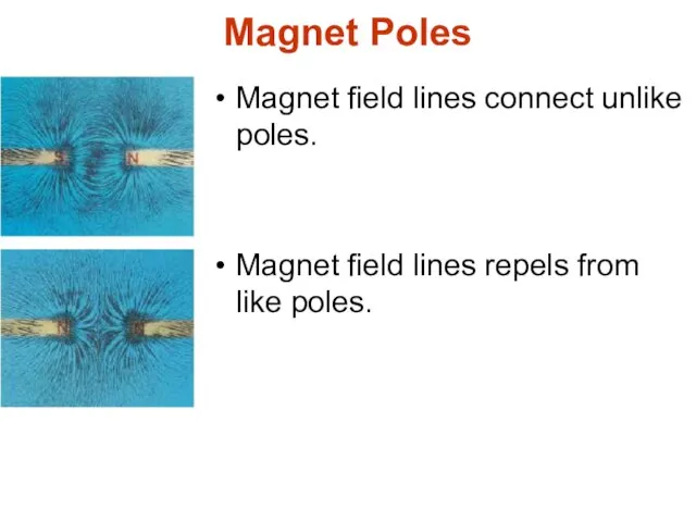 Magnet Poles Magnet field lines connect unlike poles. Magnet field lines repels from like poles.