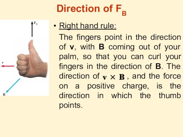 Direction of FB Right hand rule: The fingers point in the