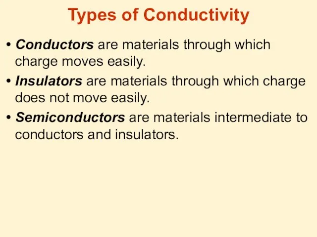 Types of Conductivity Conductors are materials through which charge moves easily.