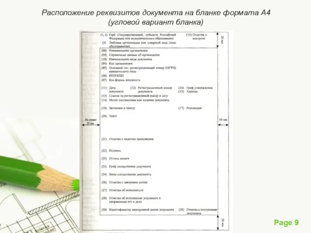 Расположение реквизитов документа на бланке формата А4 (угловой вариант бланка)