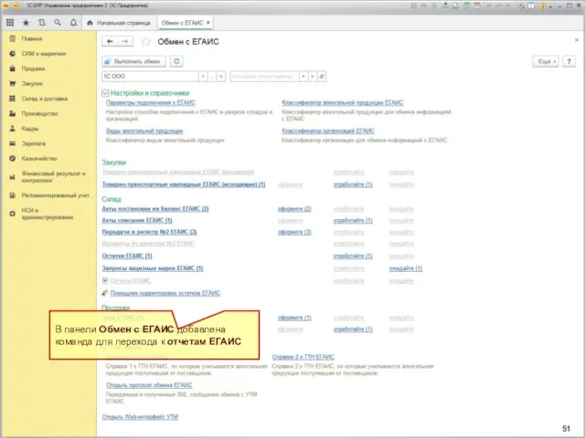 В панели Обмен с ЕГАИС добавлена команда для перехода к отчетам ЕГАИС