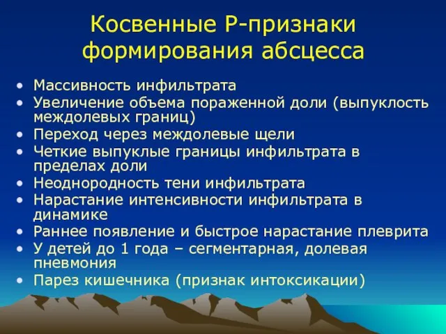 Косвенные Р-признаки формирования абсцесса Массивность инфильтрата Увеличение объема пораженной доли (выпуклость