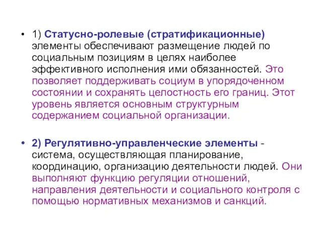 1) Статусно-ролевые (стратификационные) элементы обеспечивают размещение людей по социальным позициям в