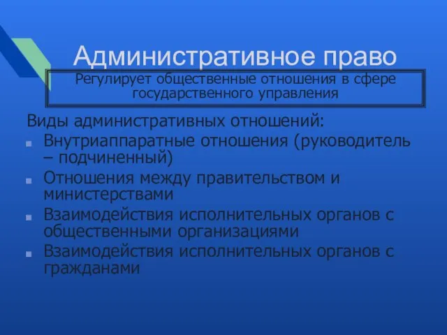 Административное право Виды административных отношений: Внутриаппаратные отношения (руководитель – подчиненный) Отношения