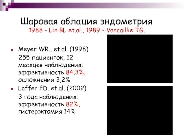 Шаровая аблация эндометрия Meyer WR., et.al. (1998) 255 пациенток, 12 месяцев