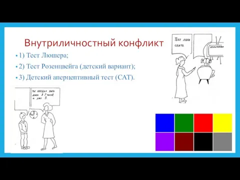 Внутриличностный конфликт 1) Тест Люшера; 2) Тест Розенцвейга (детский вариант); 3) Детский аперцептивный тест (САТ).