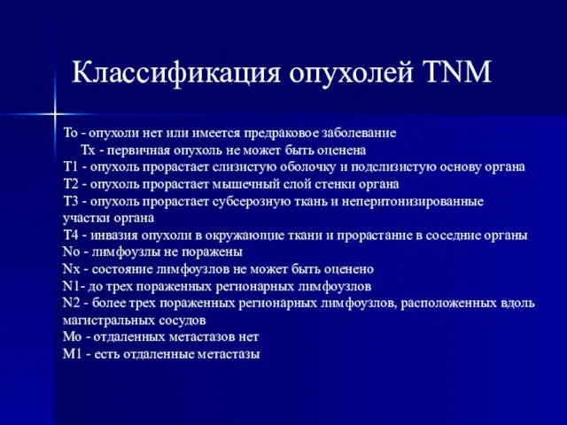 Классификация опухолей TNM То - опухоли нет или имеется предраковое заболевание