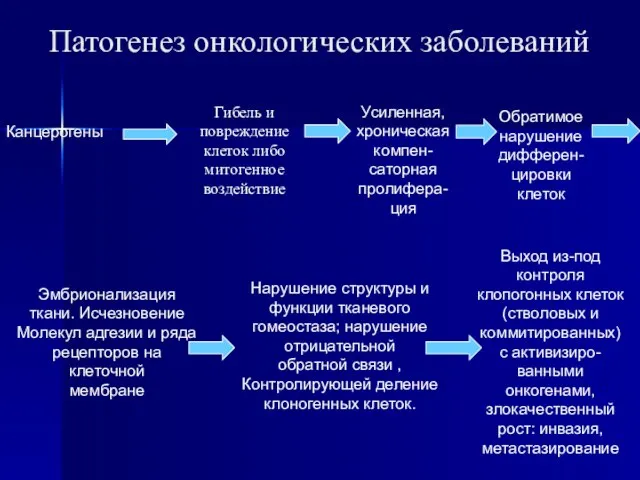 Патогенез онкологических заболеваний Канцерогены Эмбрионализация ткани. Исчезновение Молекул адгезии и ряда