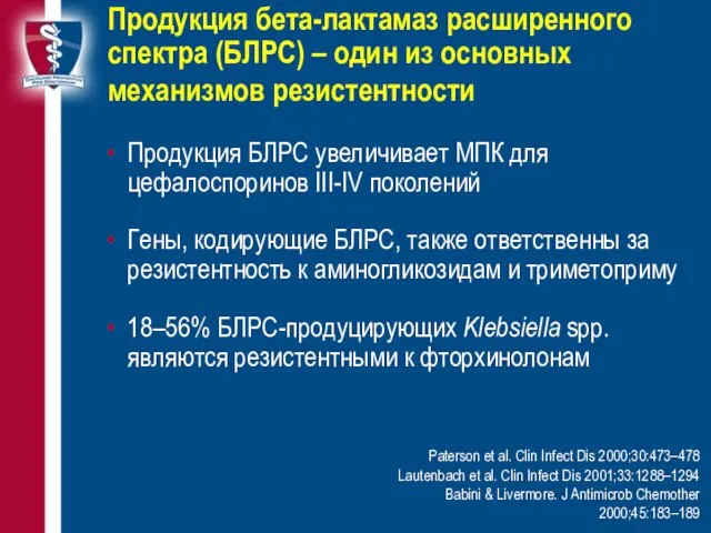 Продукция бета-лактамаз расширенного спектра (БЛРС) – один из основных механизмов резистентности