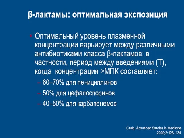 β-лактамы: оптимальная экспозиция Оптимальный уровень плазменной концентрации варьирует между различными антибиотиками