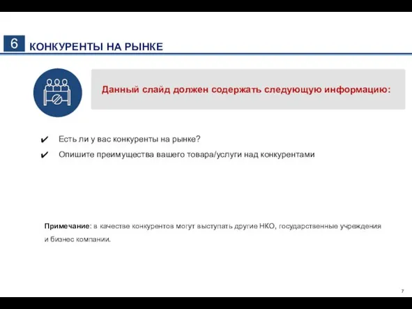 6 КОНКУРЕНТЫ НА РЫНКЕ Данный слайд должен содержать следующую информацию: Есть
