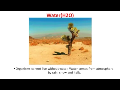 Water(H2O) Organisms cannot live without water. Water comes from atmosphere by rain, snow and hails.