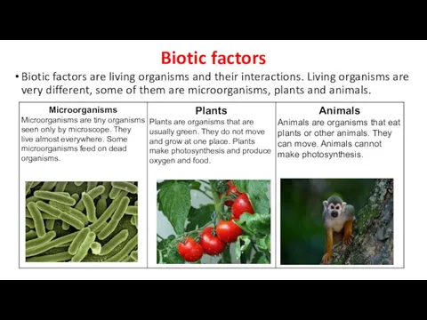 Biotic factors Biotic factors are living organisms and their interactions. Living
