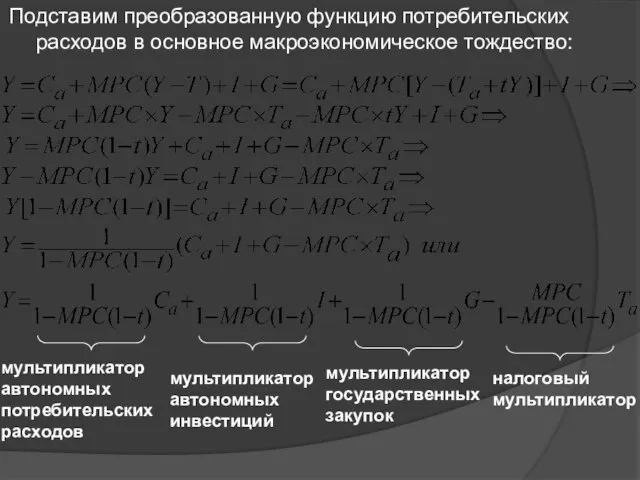 Подставим преобразованную функцию потребительских расходов в основное макроэкономическое тождество: мультипликатор автономных