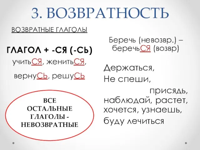 3. ВОЗВРАТНОСТЬ Беречь (невозвр.) – беречьСЯ (возвр) Держаться, Не спеши, присядь,