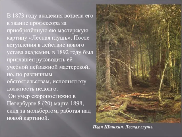 В 1873 году академия возвела его в звание профессора за приобретённую