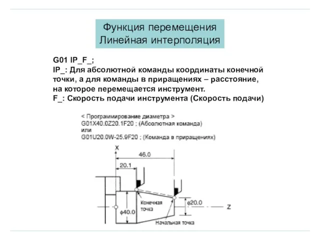 G01 IP_F_; IP_: Для абсолютной команды координаты конечной точки, а для