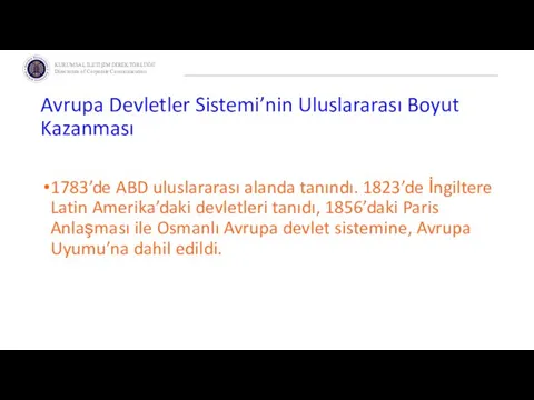 Avrupa Devletler Sistemi’nin Uluslararası Boyut Kazanması 1783’de ABD uluslararası alanda tanındı.