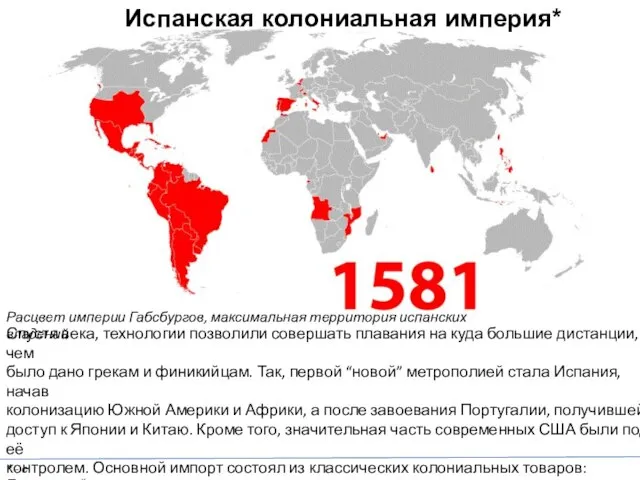 Испанская колониальная империя* Расцвет империи Габсбургов, максимальная территория испанских владений Спустя