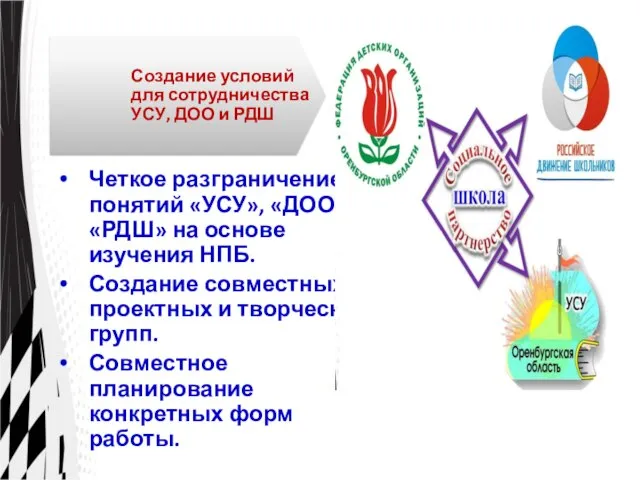 Четкое разграничение понятий «УСУ», «ДОО», «РДШ» на основе изучения НПБ. Создание