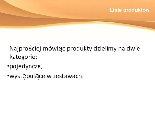 Linie produktów Najprościej mówiąc produkty dzielimy na dwie kategorie: pojedyncze, występujące w zestawach.