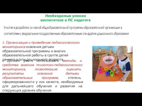 Необходимые умения воспитателя в ПС педагога 1. Организация и проведение педагогического