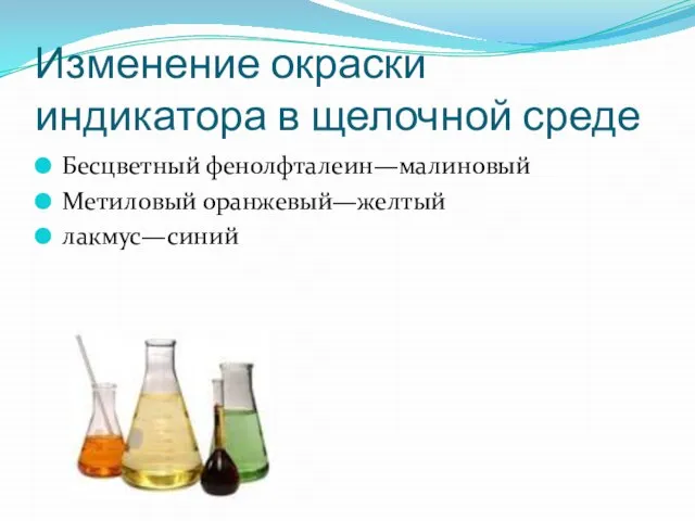 Изменение окраски индикатора в щелочной среде Бесцветный фенолфталеин—малиновый Метиловый оранжевый—желтый лакмус—синий