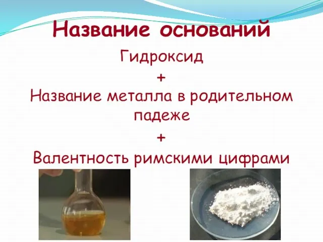 Название оснований Гидроксид + Название металла в родительном падеже + Валентность римскими цифрами