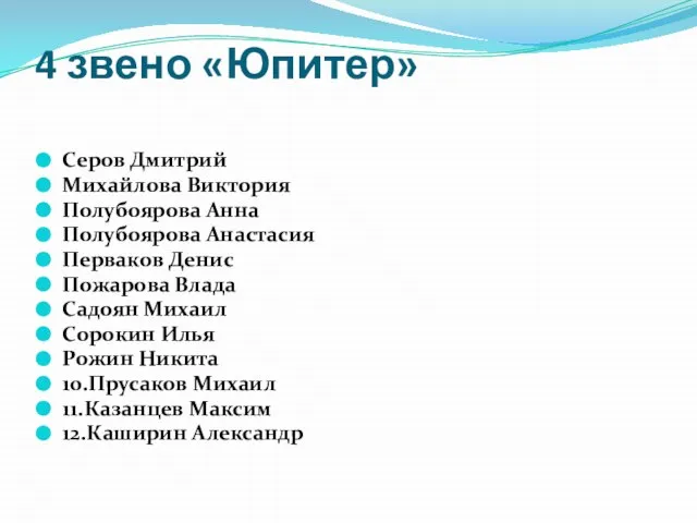 4 звено «Юпитер» Серов Дмитрий Михайлова Виктория Полубоярова Анна Полубоярова Анастасия