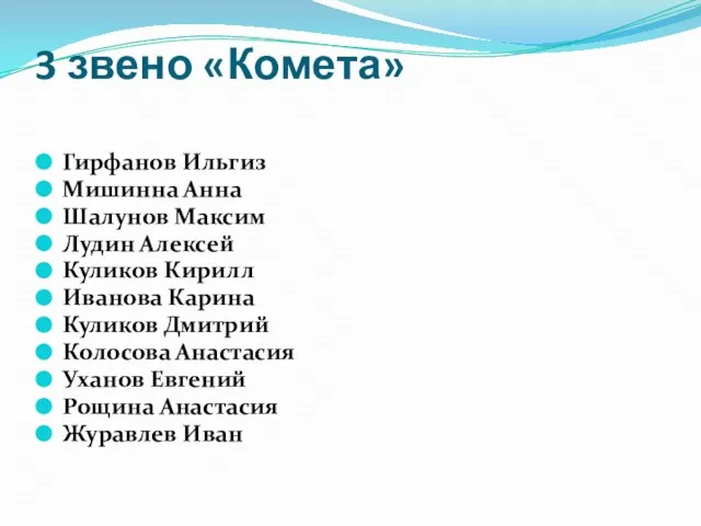 3 звено «Комета» Гирфанов Ильгиз Мишинна Анна Шалунов Максим Лудин Алексей