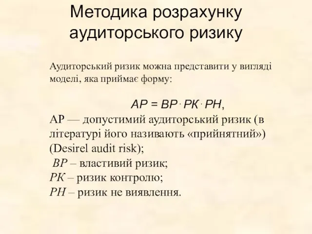 Методика розрахунку аудиторського ризику Аудиторський ризик можна представити у вигляді моделі,