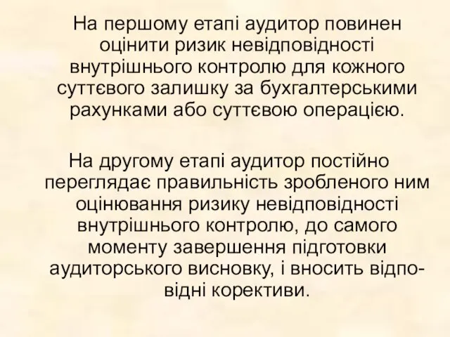 На першому етапі аудитор повинен оцінити ризик невідповідності внутрішнього контролю для