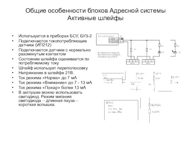 Общие особенности блоков Адресной системы Активные шлейфы Используется в приборах БСУ,