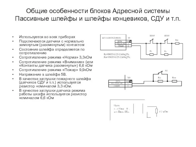 Общие особенности блоков Адресной системы Пассивные шлейфы и шлейфы концевиков, СДУ