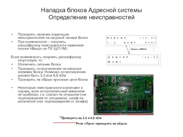 Наладка блоков Адресной системы Определение неисправностей Проверить наличие индикации неисправностей на