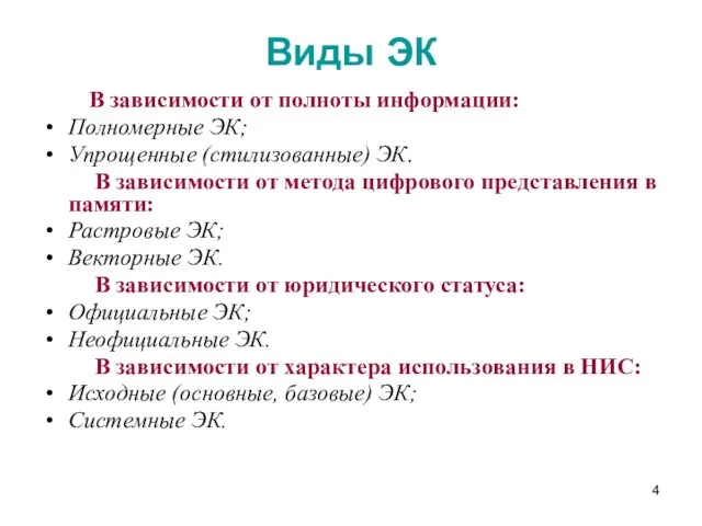 Виды ЭК В зависимости от полноты информации: Полномерные ЭК; Упрощенные (стилизованные)