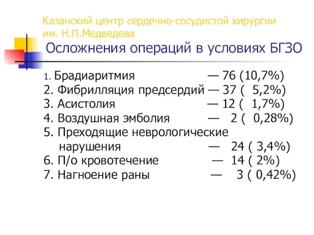 Казанский центр сердечно-сосудистой хирургии им. Н.П.Медведева Осложнения операций в условиях БГЗО