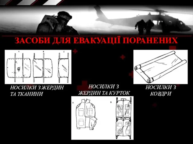 ЗАСОБИ ДЛЯ ЕВАКУАЦІЇ ПОРАНЕНИХ НОСИЛКИ З ЖЕРДИН ТА ТКАНИНИ НОСИЛКИ З