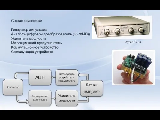 Состав комплекса: Генератор импульсов Аналого-цифровой преобразователь (30-40МГц) Усилитель мощности Малошумящий предусилитель