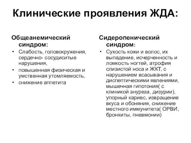 Клинические проявления ЖДА: Общеанемический синдром: Слабость, головокружения, сердечно- сосудиситые нарушения, повышенная