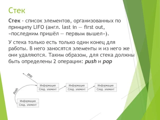 Стек Стек - список элементов, организованных по принципу LIFO (англ. last