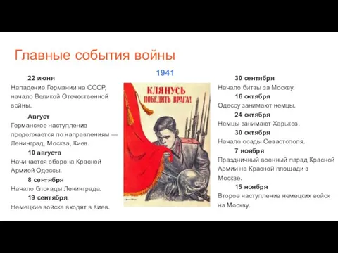 Главные события войны 22 июня Нападение Германии на СССР, начало Великой