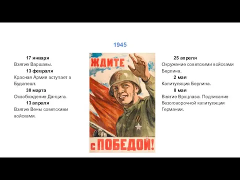 17 января Взятие Варшавы. 13 февраля Красная Армия вступает в Будапешт.