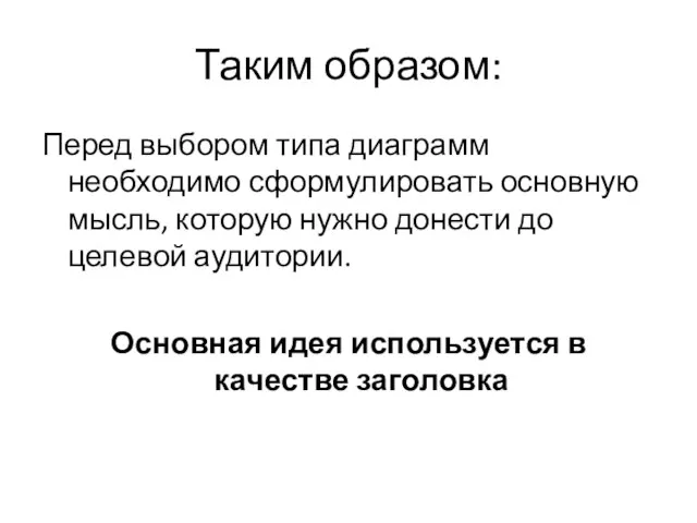 Таким образом: Перед выбором типа диаграмм необходимо сформулировать основную мысль, которую